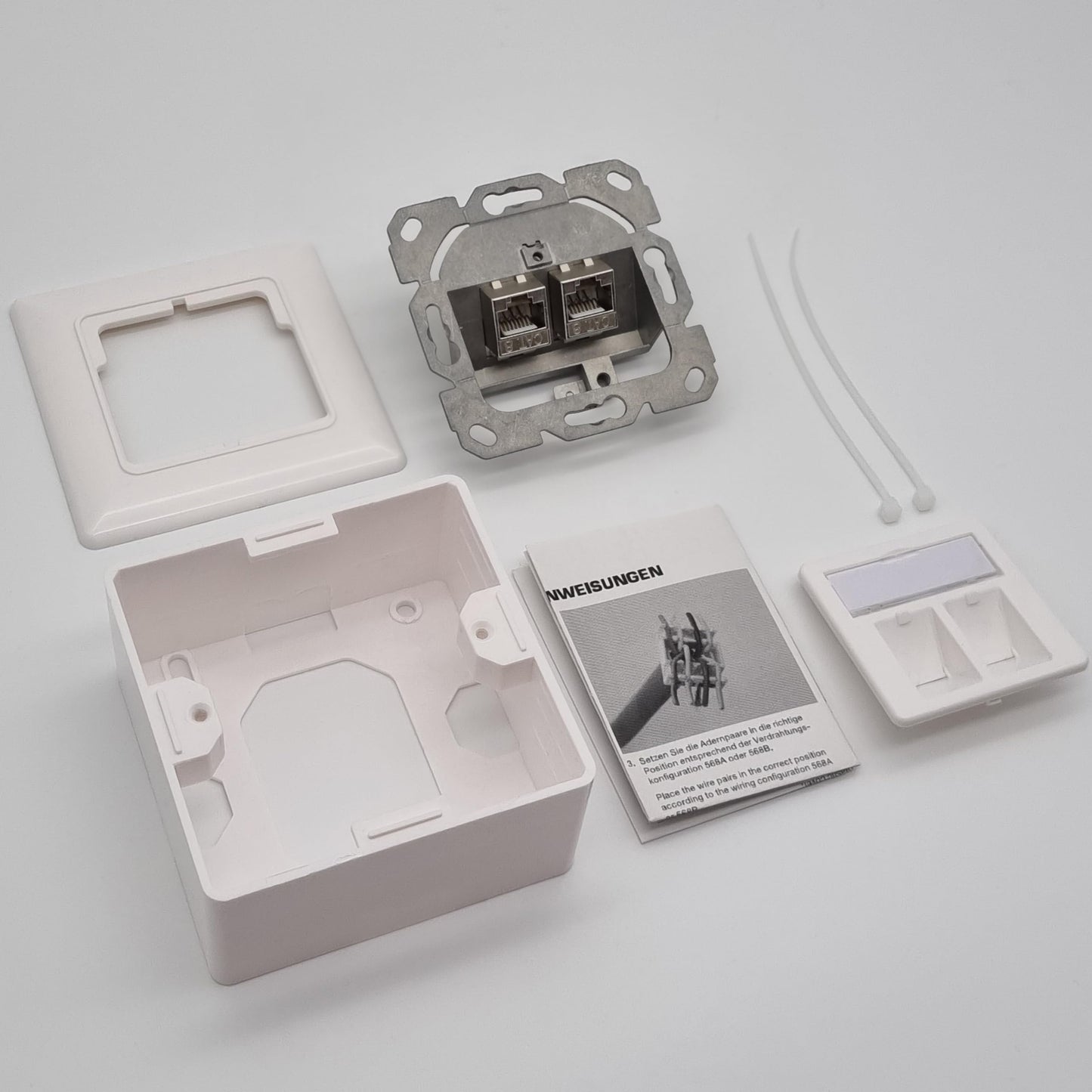 maintec® CAT8.1 Netzwerkdose, 40 Gbit/s Ethernet, Aufputz + Unterputz, 2x RJ45 Keystone, weiß